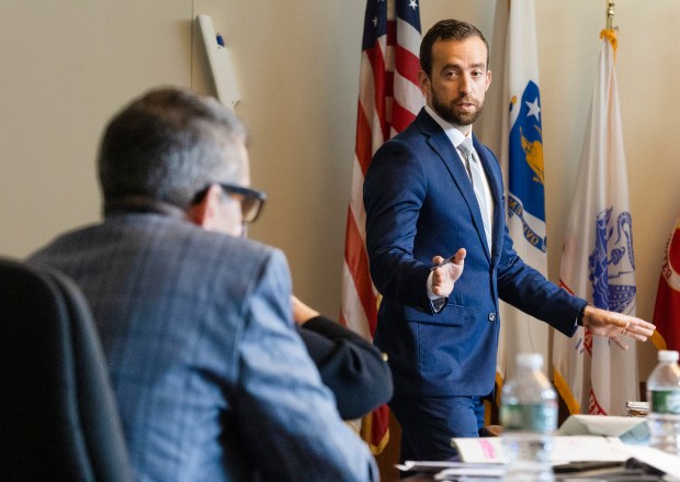 Prosecutor Daniel Nucci makes an argument during the Patrick Mendoza dangerousness hearing in Boston Municipal Court Wednesday.(Libby O'Neill/Boston Herald)