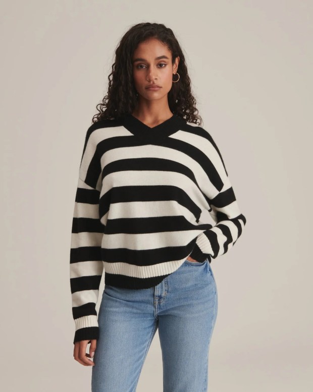 The versatile Cashmere Striped Boyfriend V-Neck Sweater from Naadam. (naadam.co)