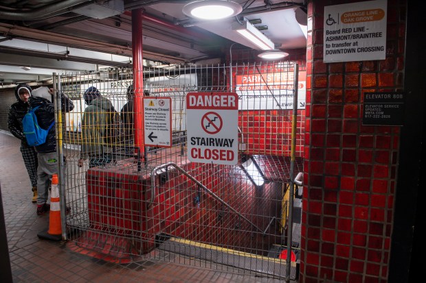 BOSTON, MA.- Construction sites are scattered throughout the Park Street MBTA station on December 1, 2022 in Boston, MA. (Photo by Amanda Sabga/MediaNews Group/Boston Herald)