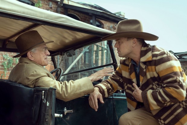 Robert De Niro and Leonardo DiCaprio starea scene in "Killers of the Flower Moon." (Courtesy of Apple)